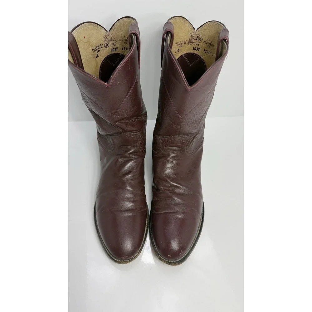 Justin 3037 Men 11 B Burgundy Leather Round Toe Ropers Western Cowboy Boots - Picture 3 of 11